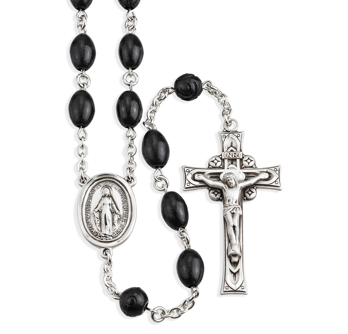 Oval Black Cocoa Bead Sterling Silver Rosary