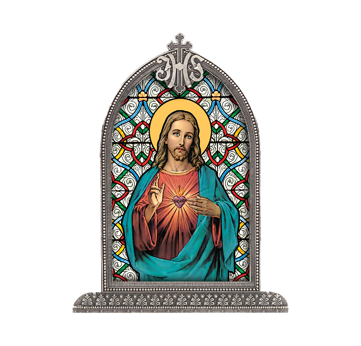 Sacred Heart of Jesus Antiqued Framed Liturgical Glass