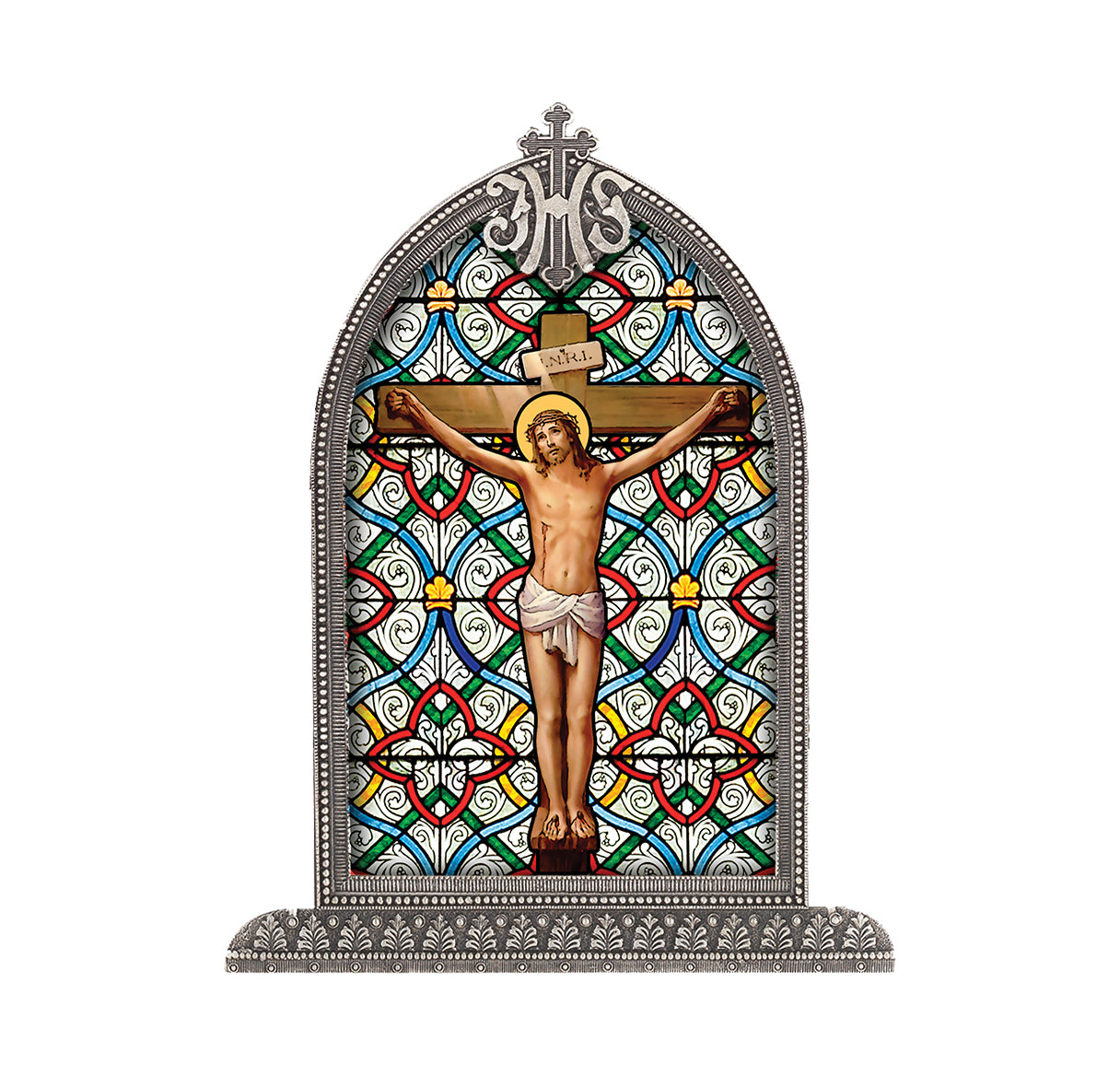 Crucifixion Antiqued Framed Liturgical Glass
