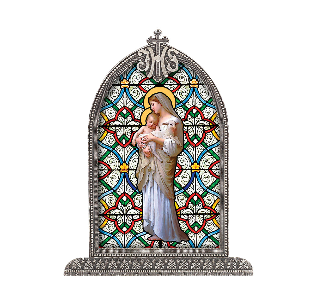 Our Lady of Divine Innocence Antiqued Framed Liturgical Glass