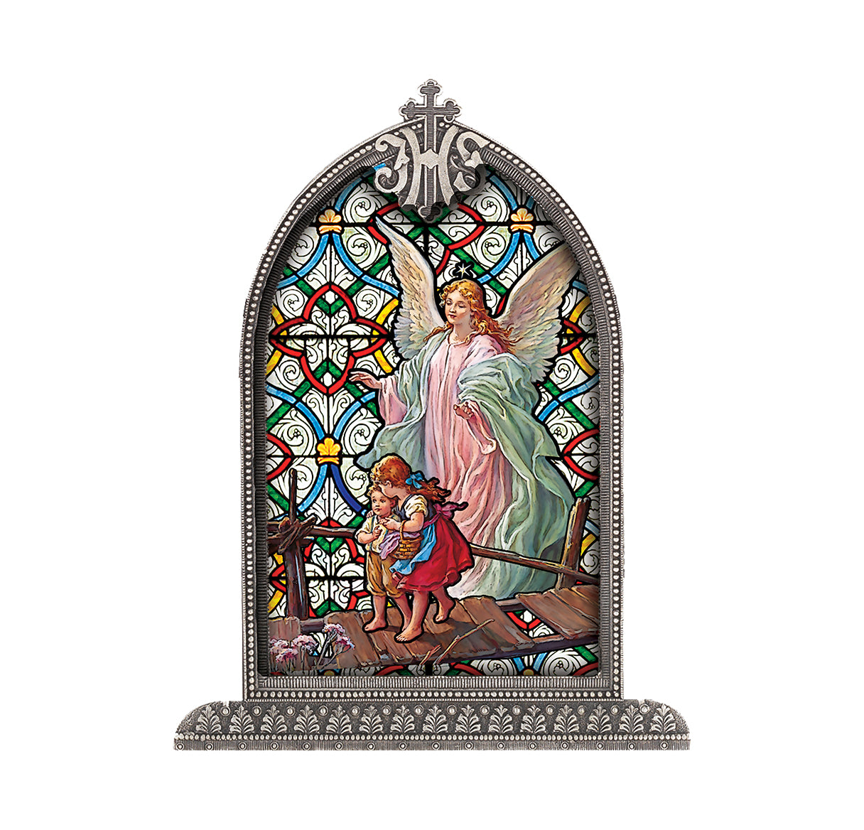 Guardian Angel Antiqued Framed Liturgical Glass