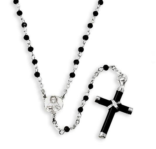 Black and Clear Crystal Bead Sterling Silver Rosary Necklace