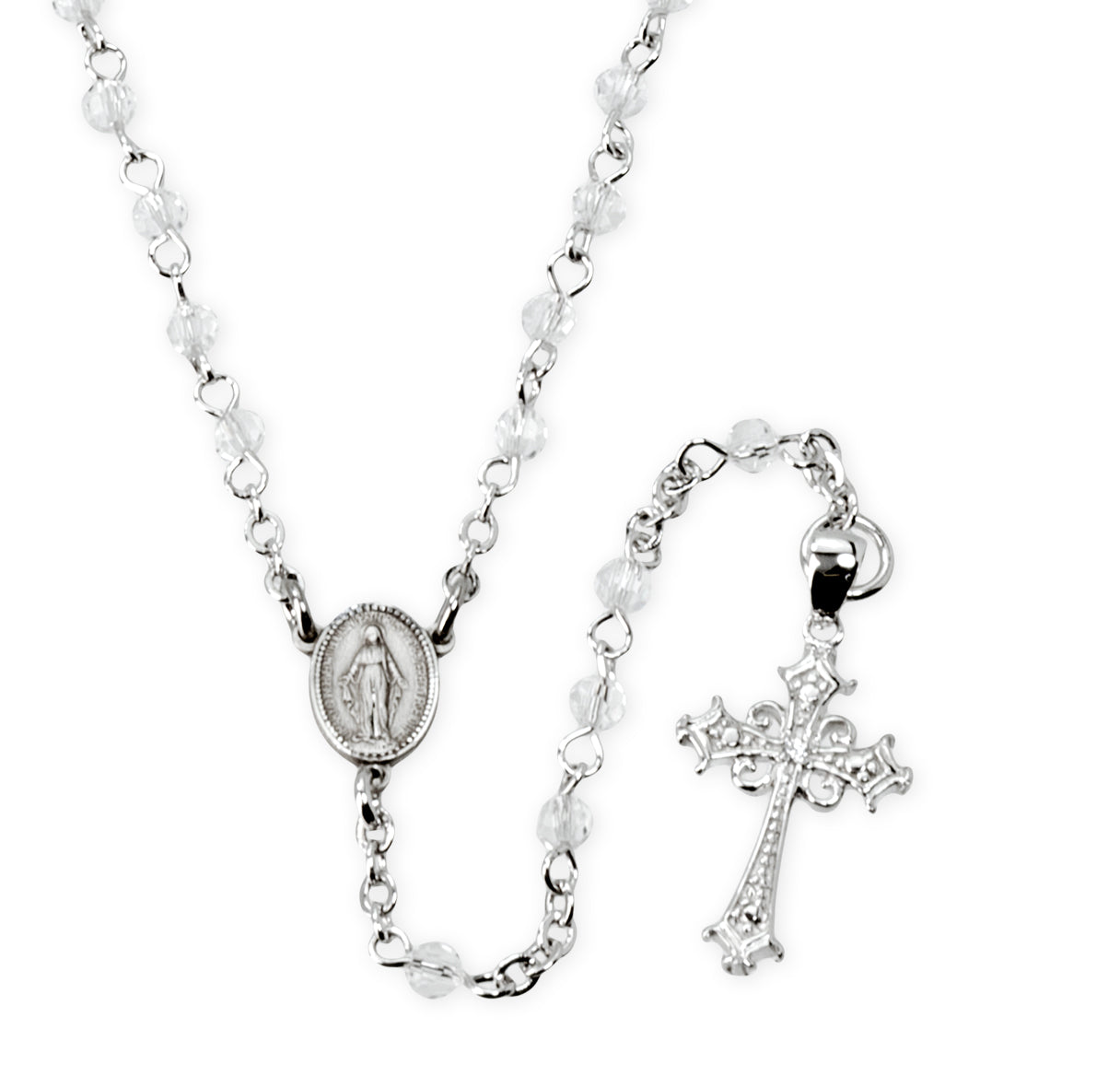 Clear Crystal Bead Sterling Silver Rosary Necklace