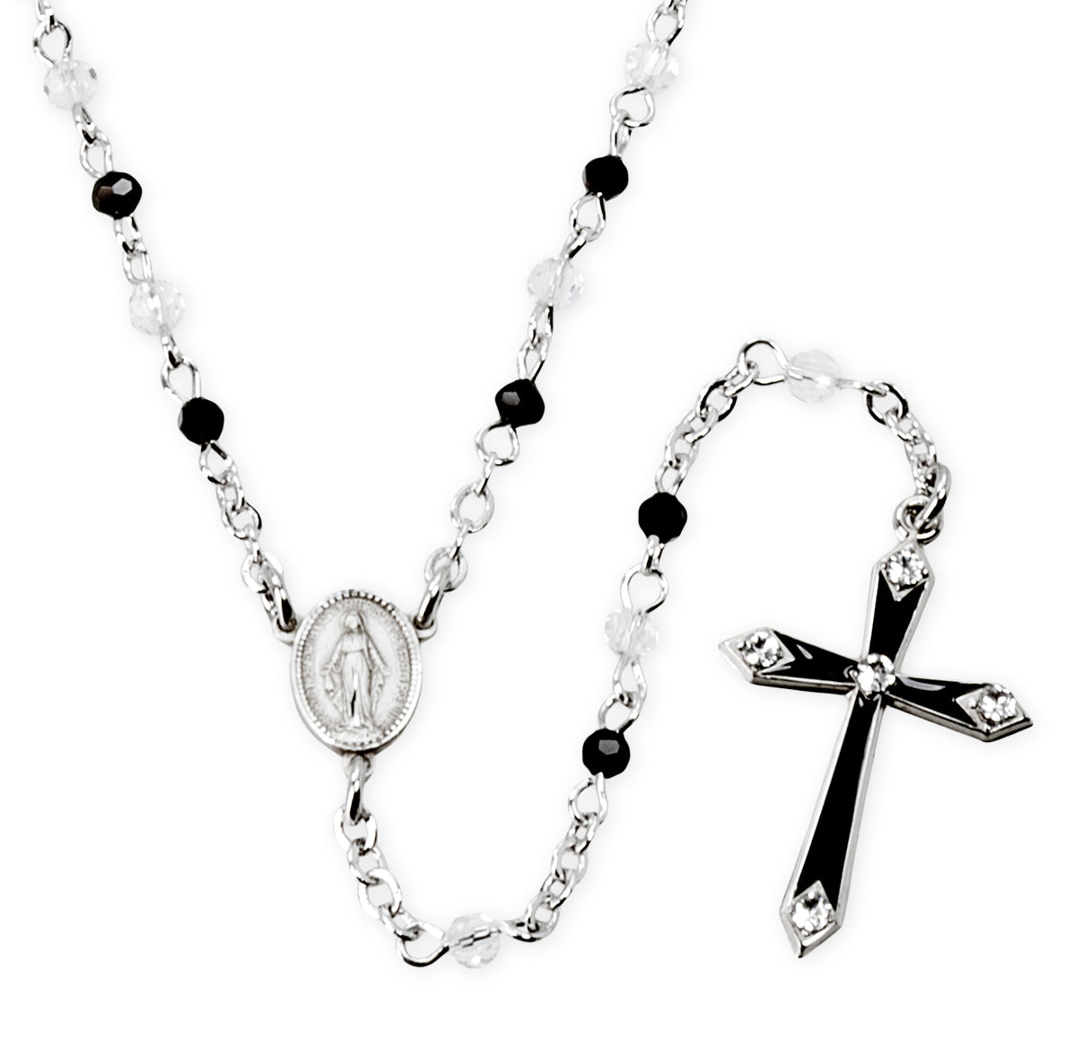 Black and Clear Crystal Bead Sterling Silver Rosary Necklace