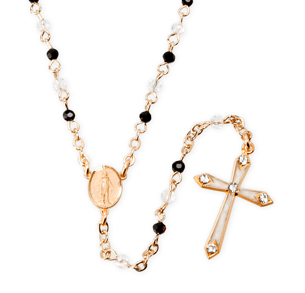 Black and Clear Crystal Bead Gold Over Sterling Silver Rosary Necklace