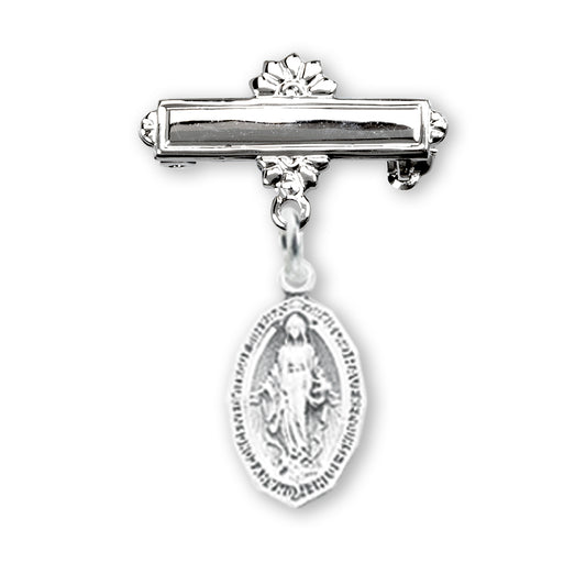 Sterling Silver Baby Miraculous Medal on a bar pin