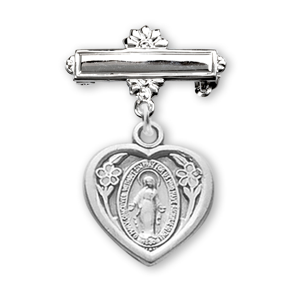 Sterling Silver Heart Shape Baby Miraculous Medal on a Bar Pin