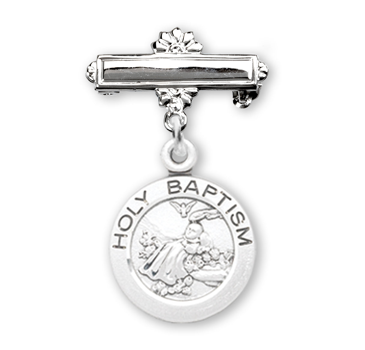 Sterling Silver Baby Holy Baptism Round Medal on a Bar Pin