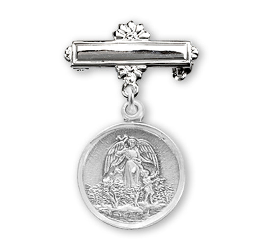 Sterling Silver Baby Guardian Angel Medal on a Bar Pin