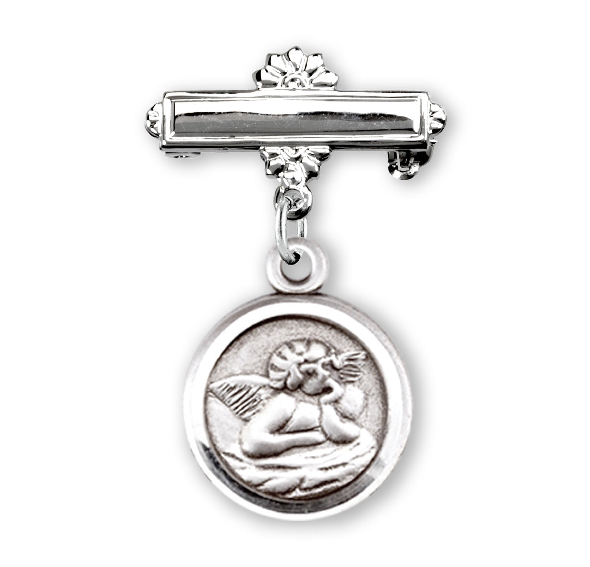 Sterling Silver Guardian Angel Baby Medal on a Bar Pin