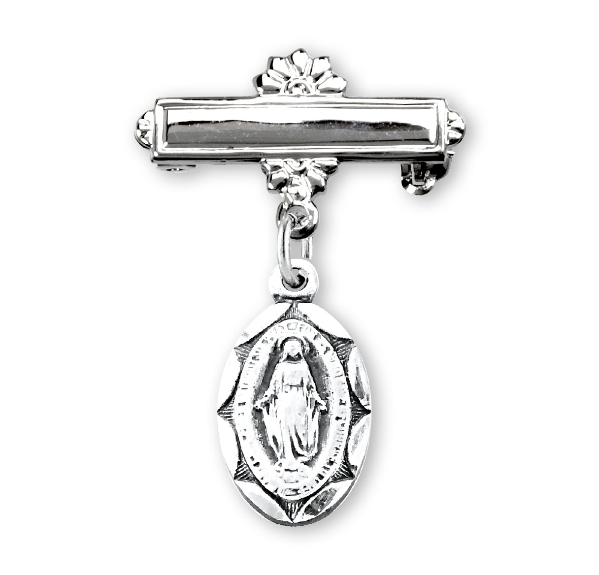 Sterling Silver Oval Miraculous Medal Baby Medal on a Bar Pin