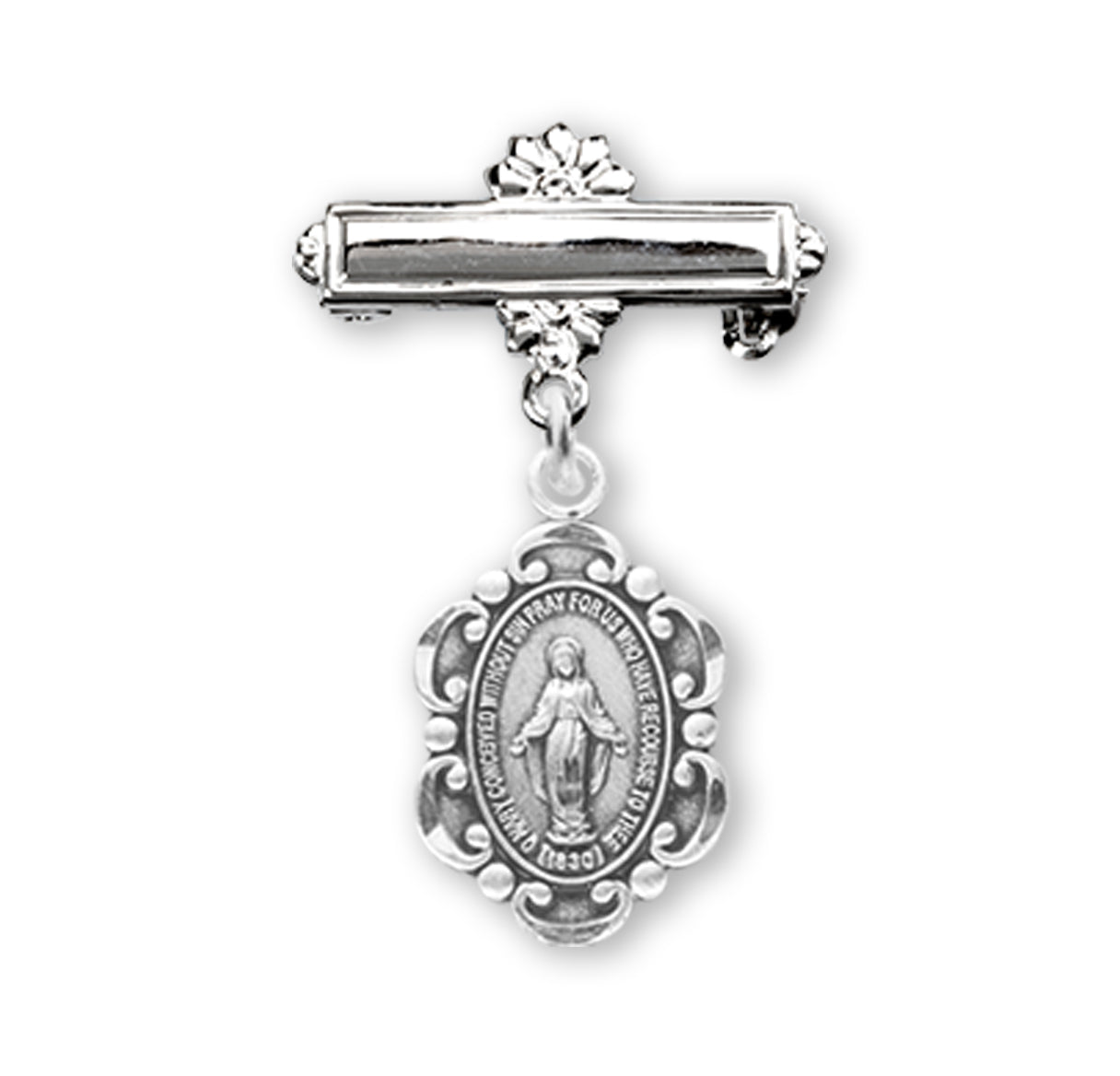 Sterling Silver Oval Scalloped Edge Miraculous Baby Medal on a Bar Pin