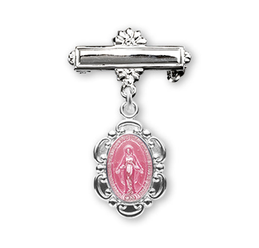 Pink Enameled Sterling Silver Oval Fancy Edge Miraculous Baby Medal on a Bar Pin