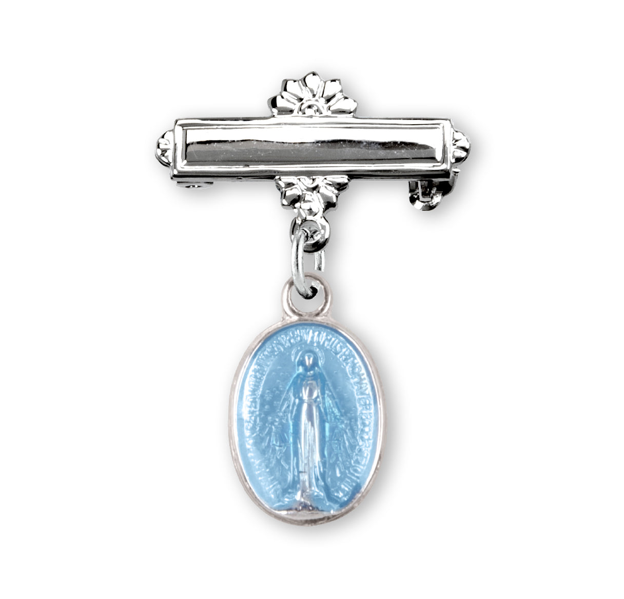 Blue Enameled Oval Sterling Silver Miraculous Baby Medal on a Bar Pin