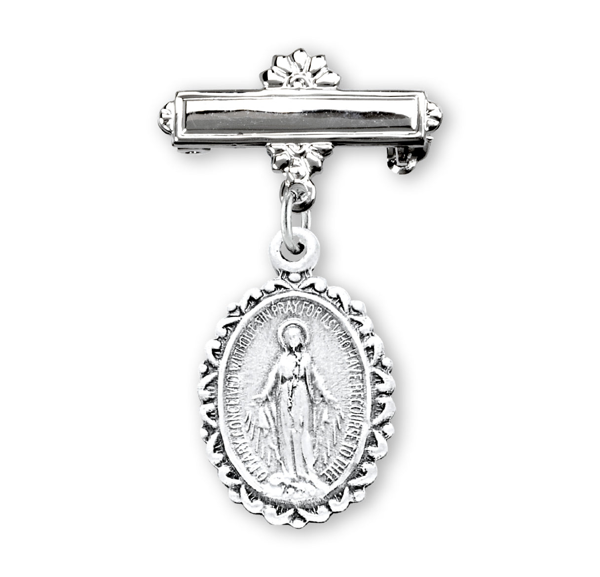 Sterling Silver Oval Fancy Edge Miraculous Baby Medal on a Bar Pin