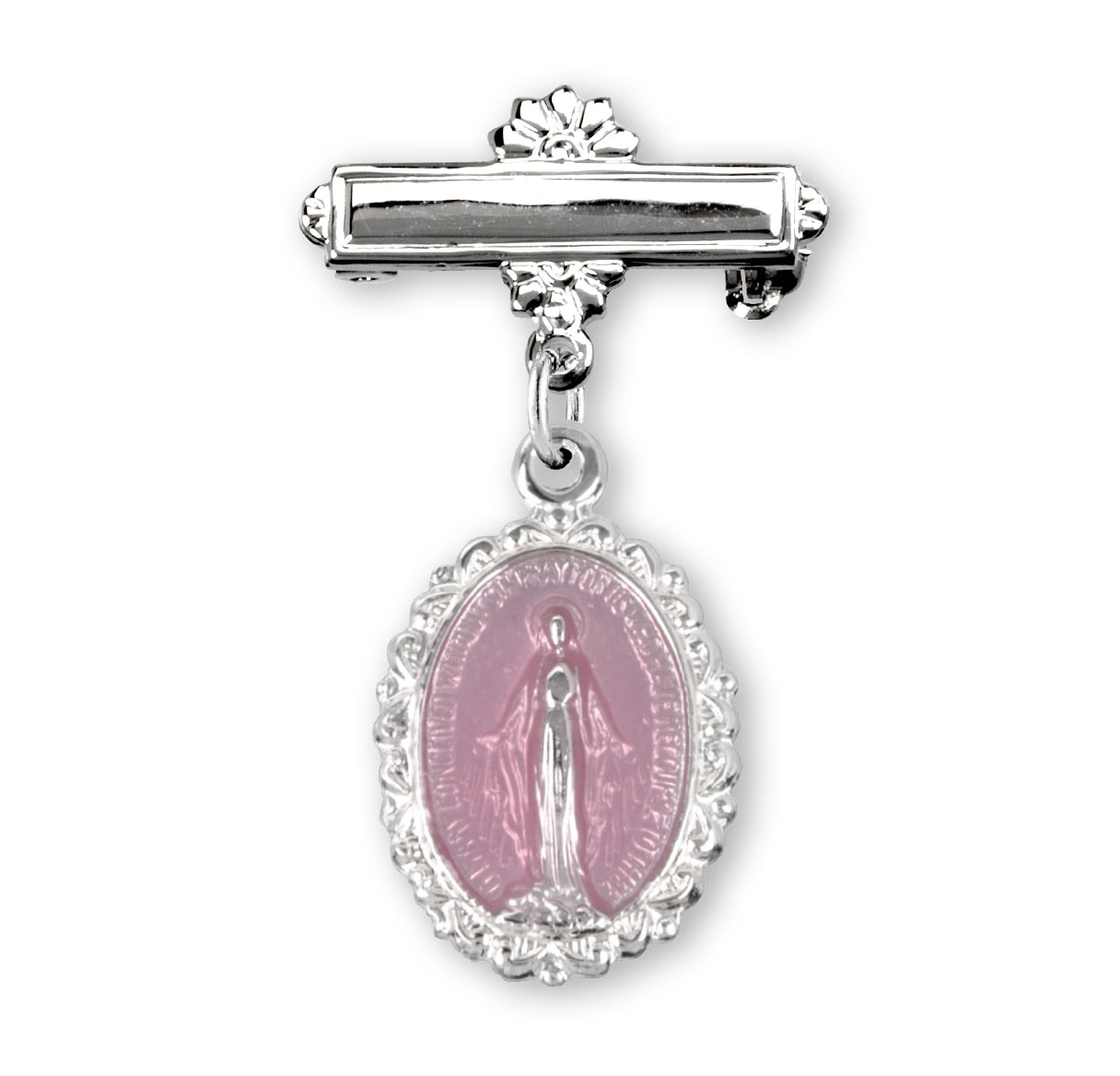 Pink Enameled Oval Fancy Edge Sterling Silver Baby Miraculous Baby Medal on a Bar Pin