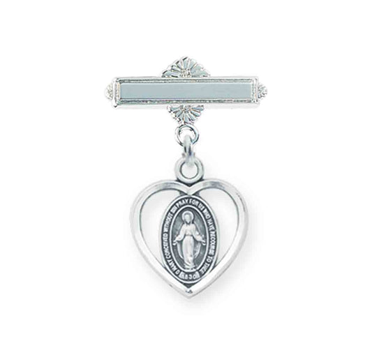 Sterling Silver Pierced Heart Baby Miraculous Medal on a Bar Pin