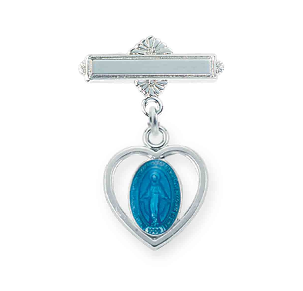 Sterling Silver Pierced Heart Baby Miraculous Medal Blue on a Bar Pin