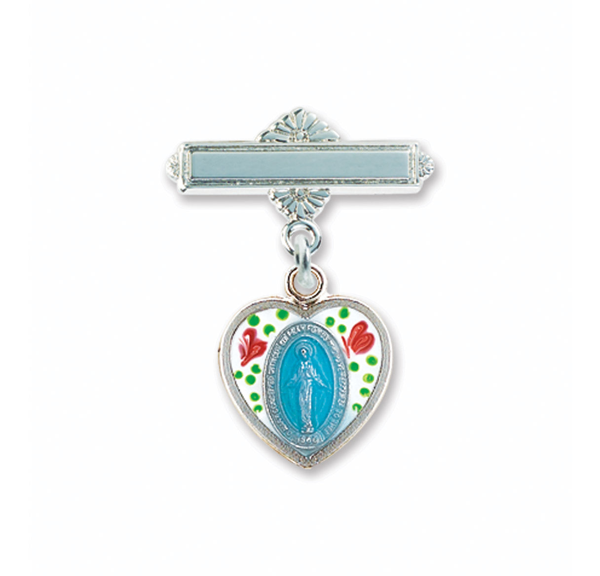 Enameled Oval Fancy Edge Sterling Silver Baby Miraculous Baby Medal on a Bar Pin