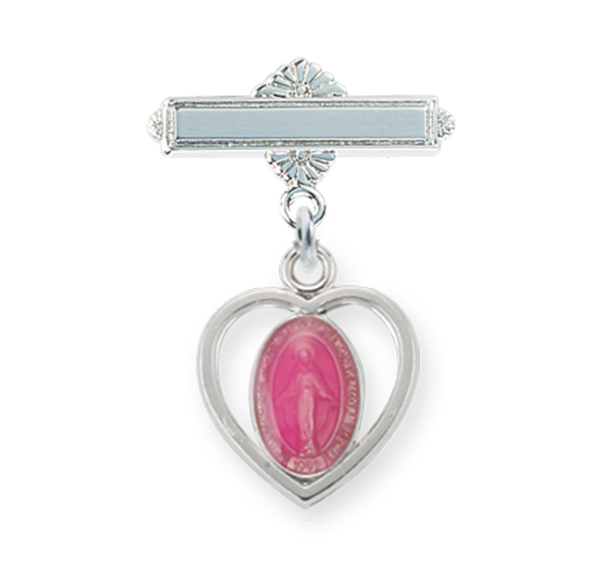 Sterling Silver Pierced Heart Baby Miraculous Medal Pink on a Bar Pin