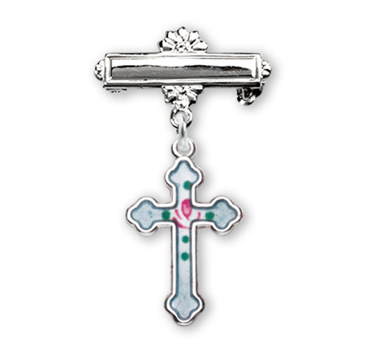 Sterling Silver Rosebud Blue Enameled Baby Cross Pin