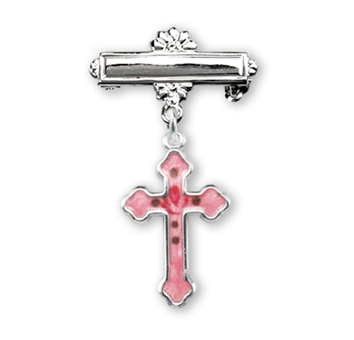 Sterling Silver Rosebud Pink Enameled Baby Cross Pin
