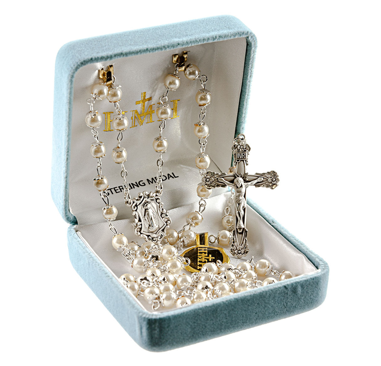 White Imitation Pearl Capped Rosary