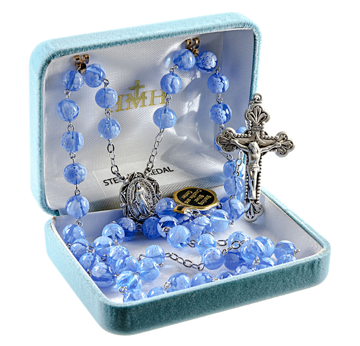 Blue Venetian Glass Flower Rosary