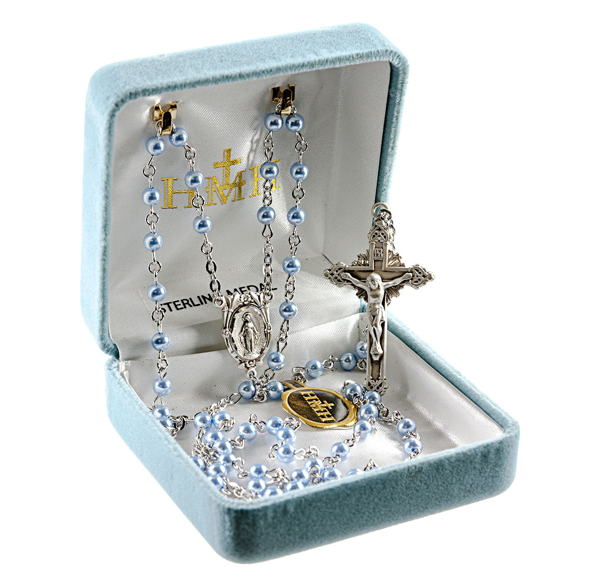 Rosary Sterling Crucifix and Centerpiece Created with Swarovski Crystal 4mm Pearl Beads in Blue by HMH
