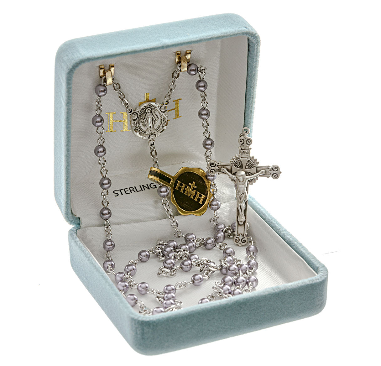 Rosary Sterling Crucifix and Centerpiece Created with Swarovski Crystal 4mm Pearl Beads in Lavender by HMH