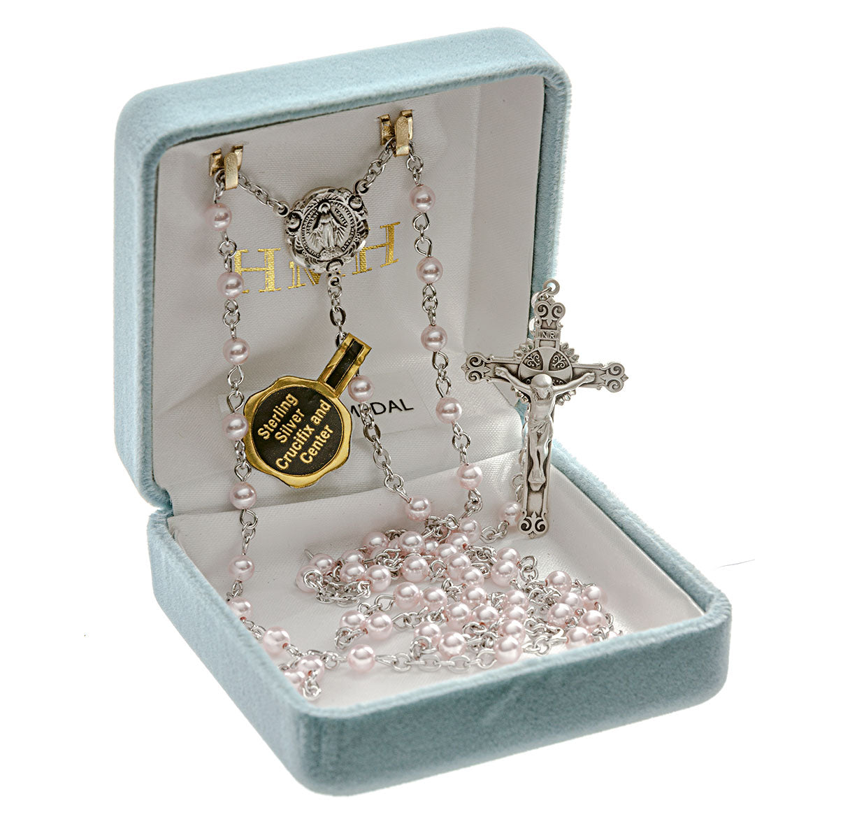 Rosary Sterling Crucifix and Centerpiece Created with Swarovski Crystal 4mm Pearl Beads in Pink by HMH