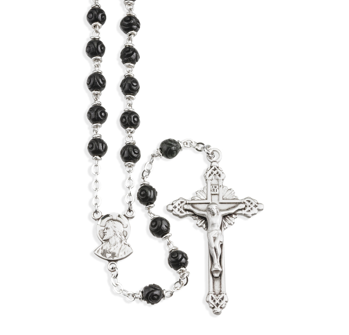 Black Carved Genuine Cocoa Bead Rosary Sterling Crucifix and Centerpiece