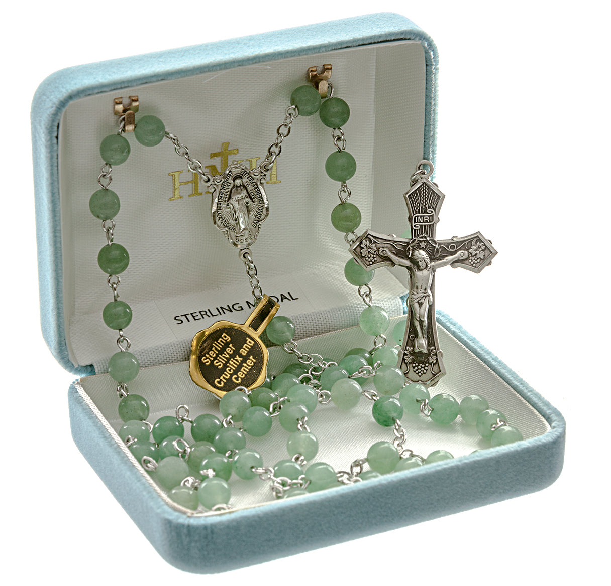 Round Genuine Aventurine Rosary Sterling Crucifix and Centerpiece