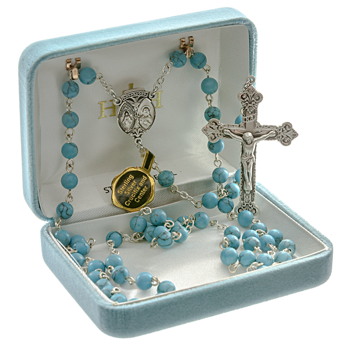 Round Turquoise Finished Howlite Rosary Sterling Crucifix and Centerpiece