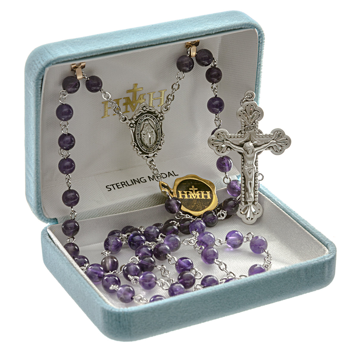 Round Genuine Amethyst Rosary Sterling Crucifix and Centerpiece