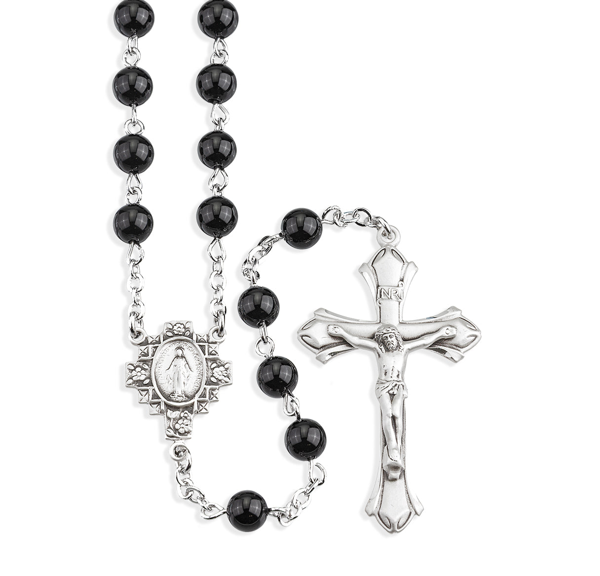 Round Genuine Onyx Rosary Sterling Crucifix and Centerpiece