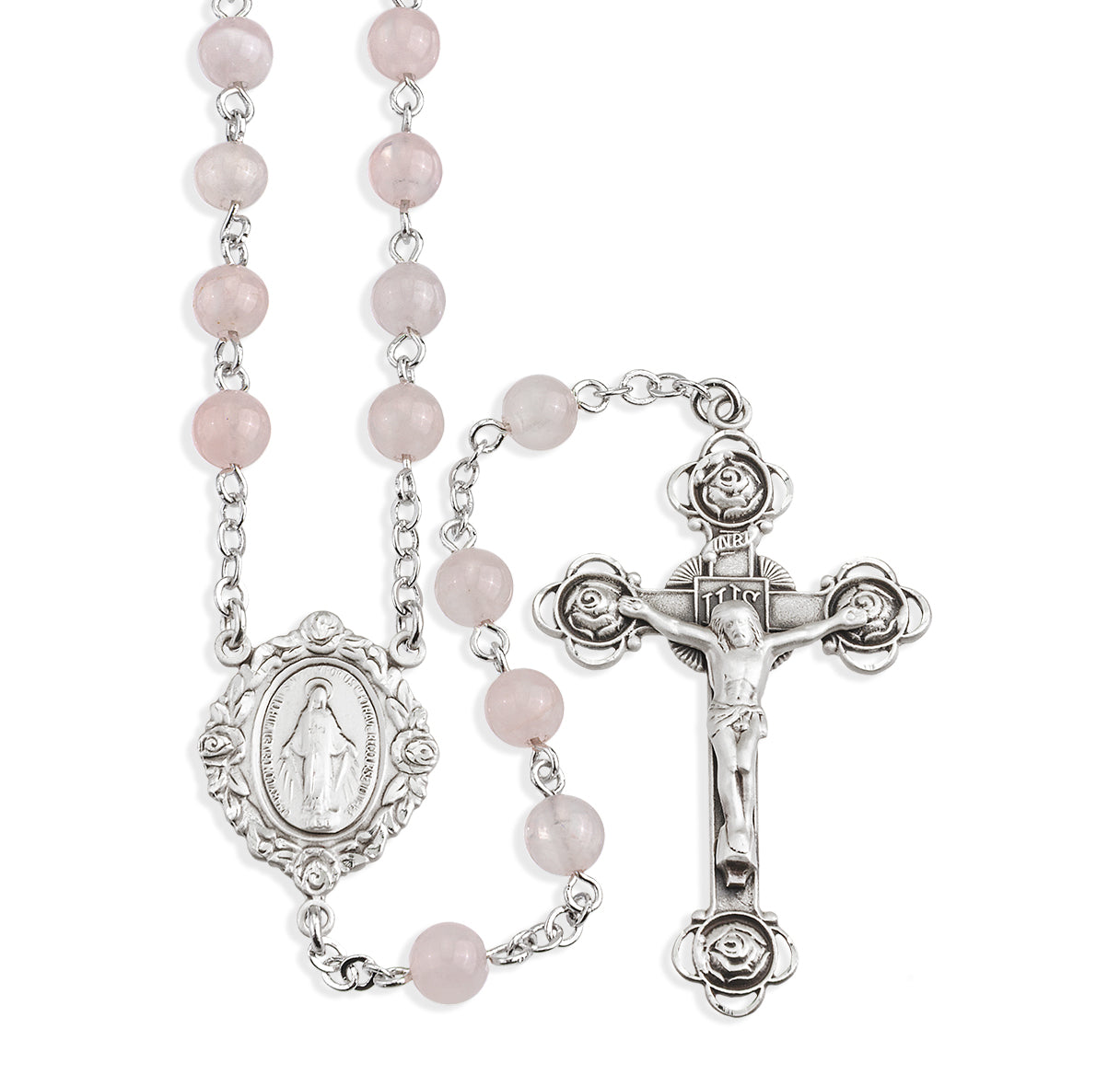 Round Genuine Rose Quartz Rosary Sterling Crucifix and Centerpiece