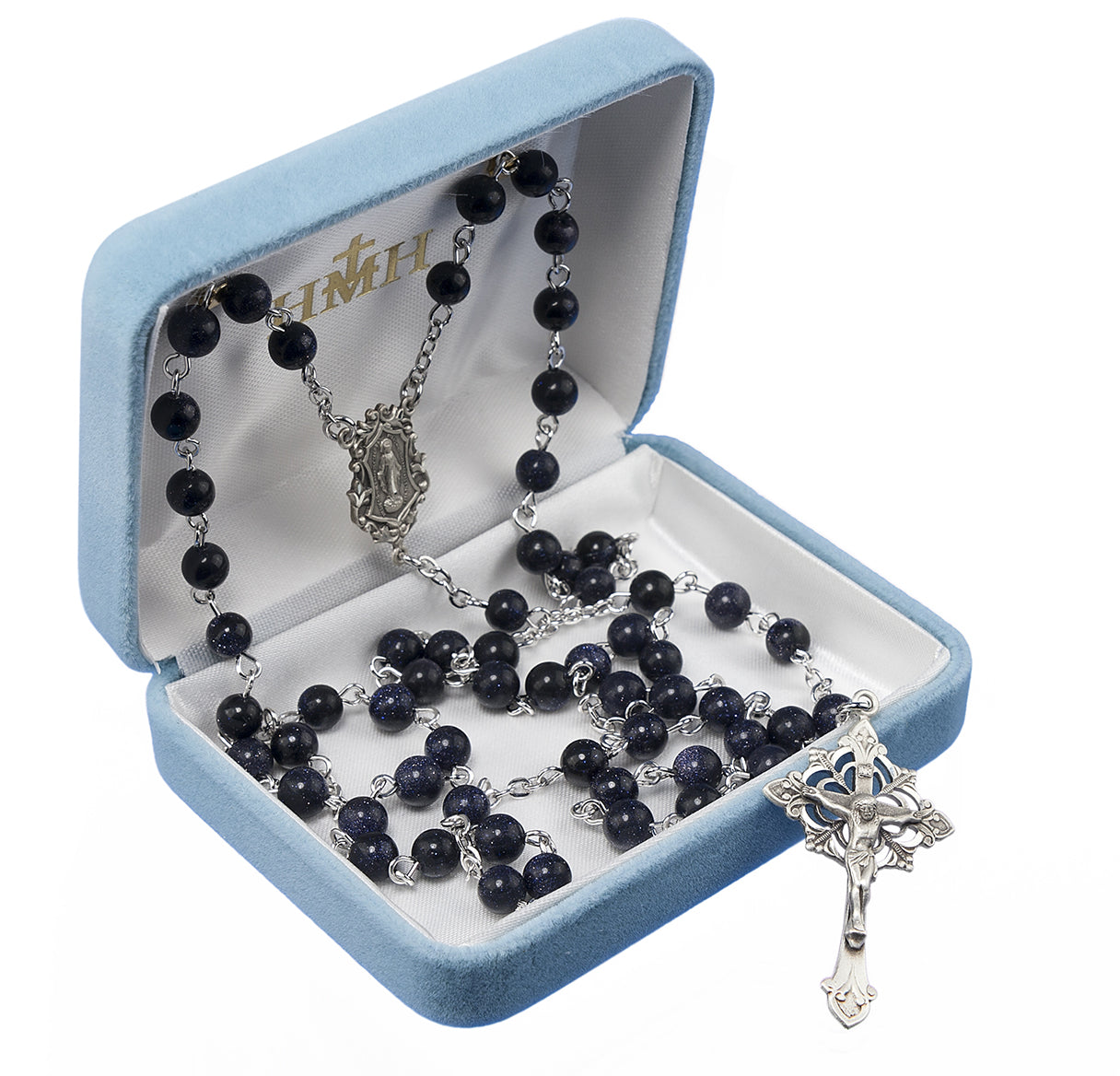 Round Genuine Blue Gold Sand Rosary Sterling Crucifix and Centerpiece