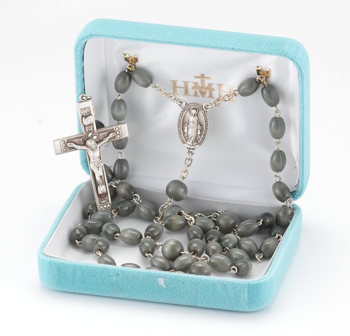 Oval Grey Ceramic Bead Rosary Sterling Crucifix and Centerpiece