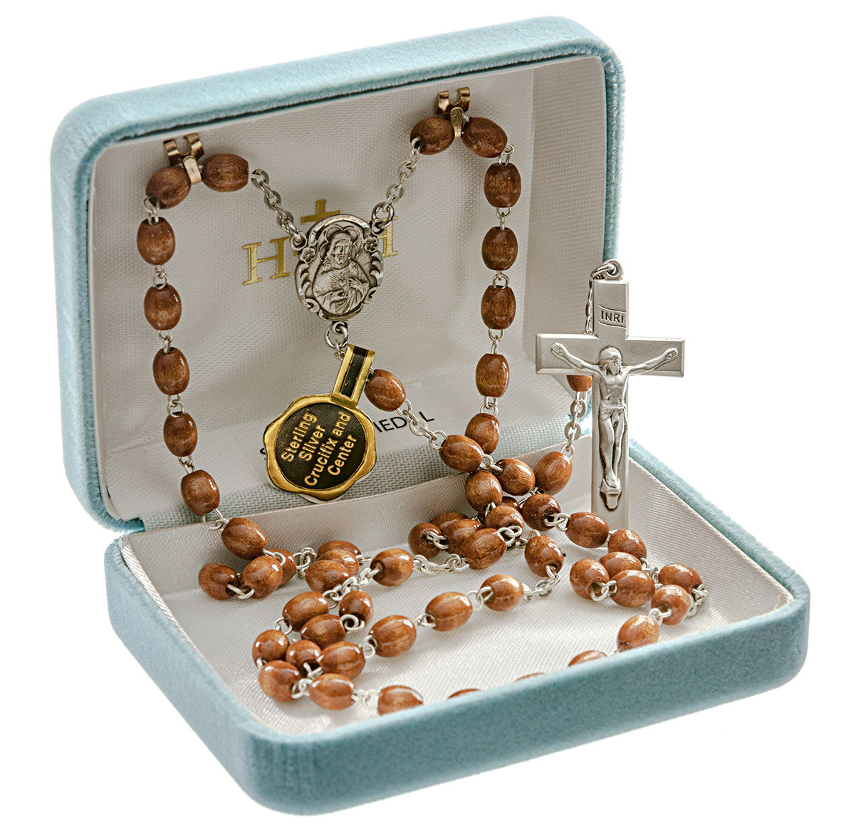 Brown Oval Boxwood Rosary Sterling Crucifix and Centerpiece