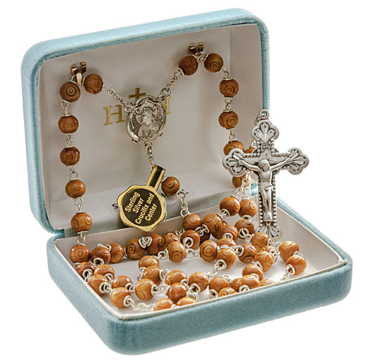 Brown Carved Boxwood Bead Rosary Sterling Crucifix and Centerpiece