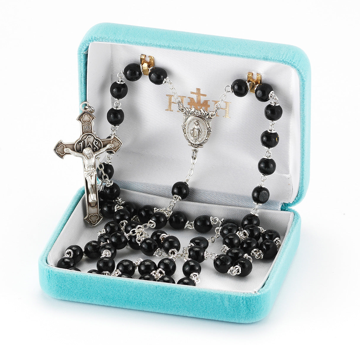 Black Round Boxwood Rosary Sterling Crucifix and Centerpiece