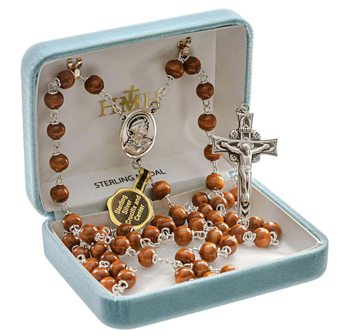 Brown Round Boxwood Rosary Sterling Crucifix and Centerpiece