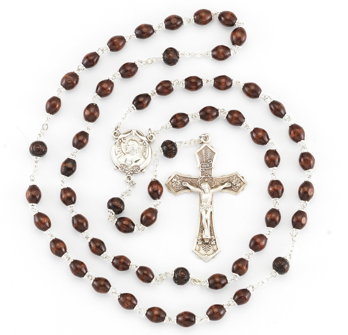 Maroon Oval Boxwood Rosary Sterling Crucifix and Centerpiece
