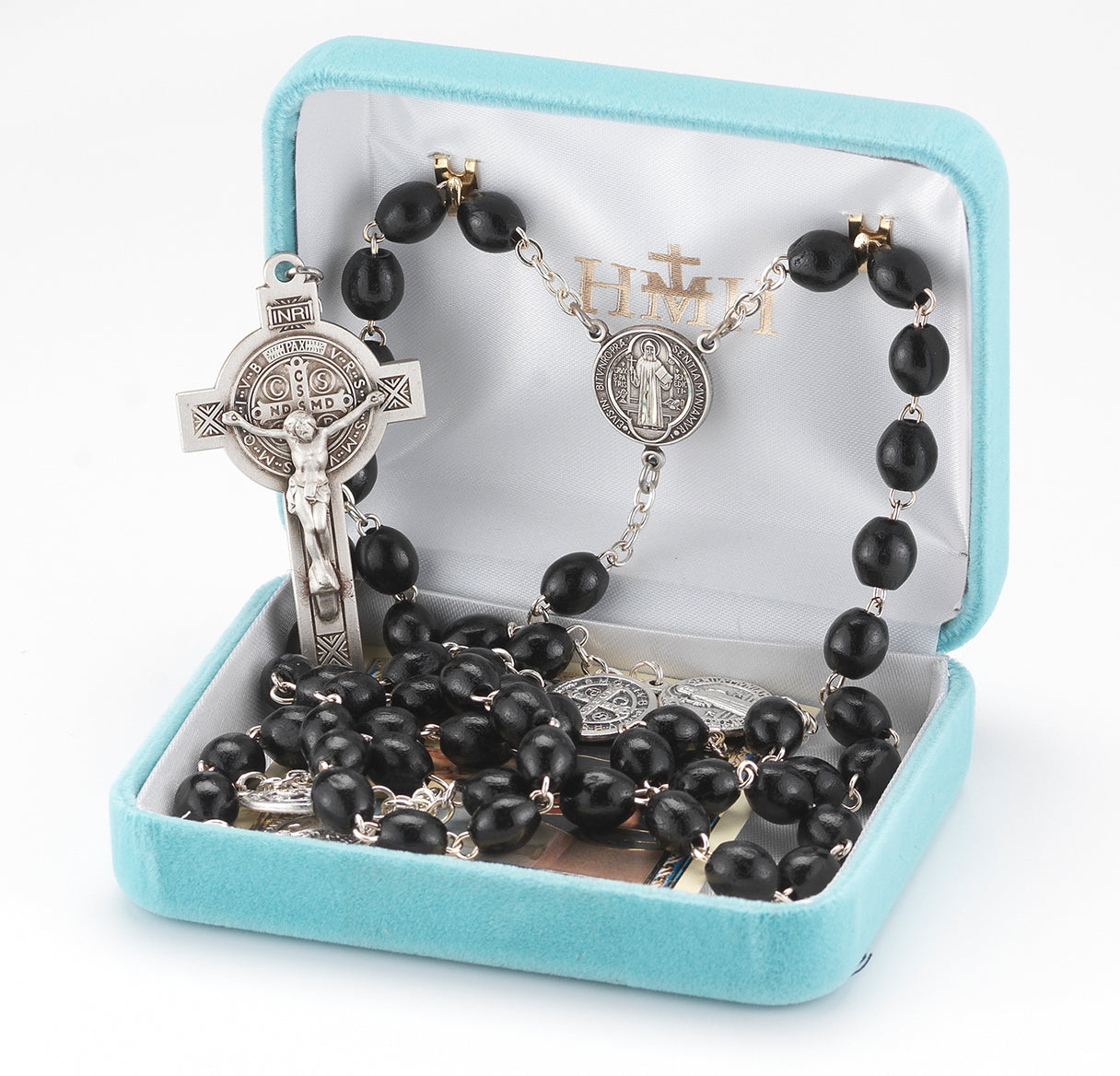 Saint Benedict Black Polished Boxwood Jubilee Rosary Sterling Crucifix and Centerpiece