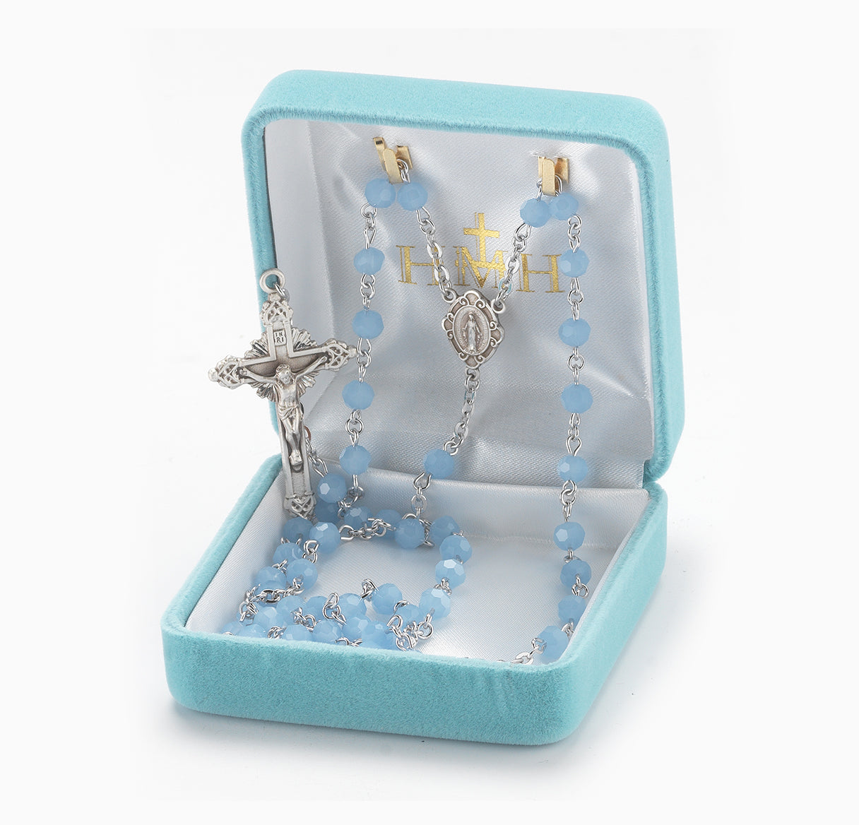 Rosary Sterling Crucifix and Centerpiece Created with Swarovski Crystal 5mm Round Blue Opal Beads by HMH