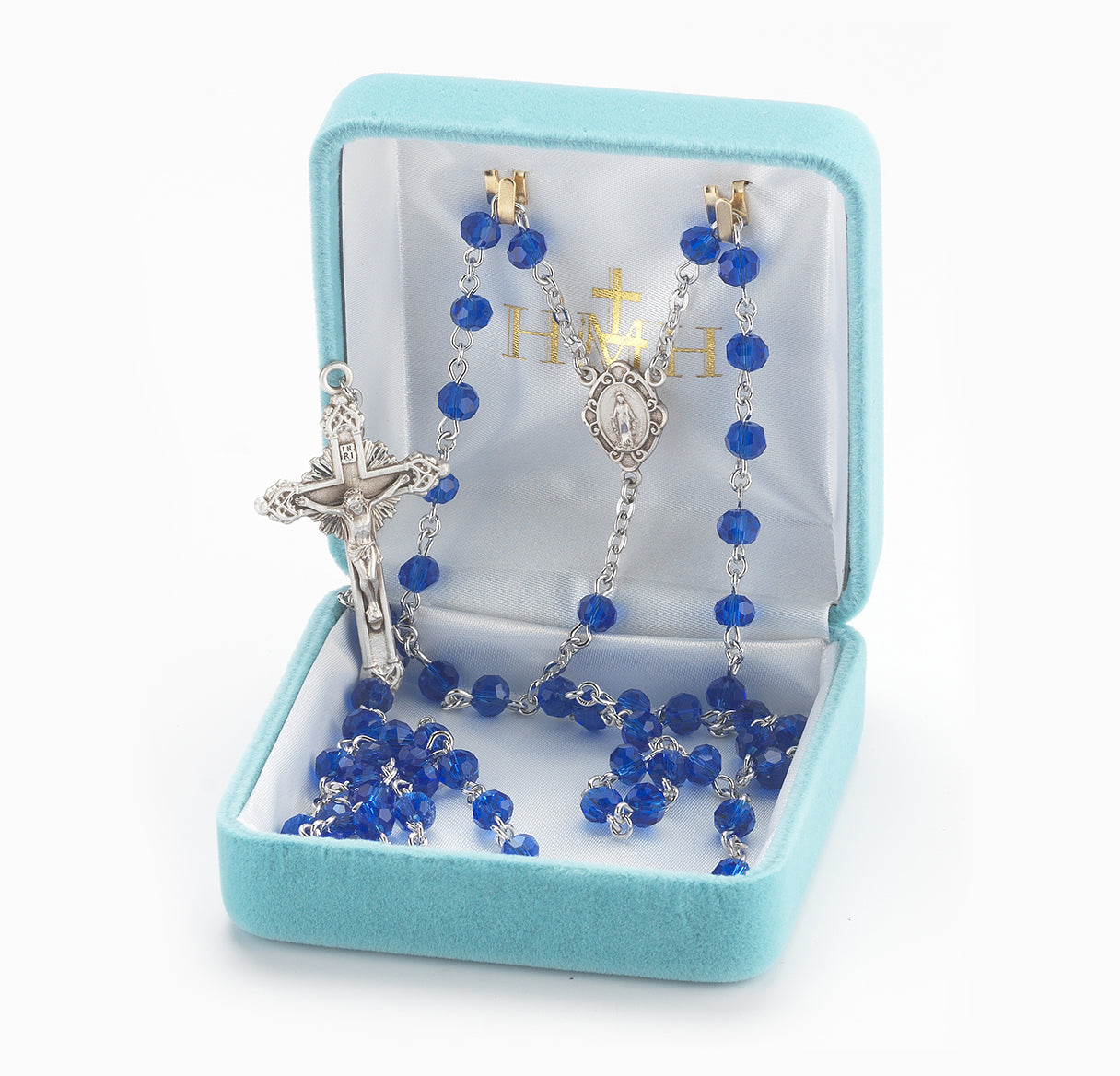 Rosary Sterling Crucifix and Centerpiece Created with Swarovski Crystal 5mm Round Caribbean Blue Beads by HMH