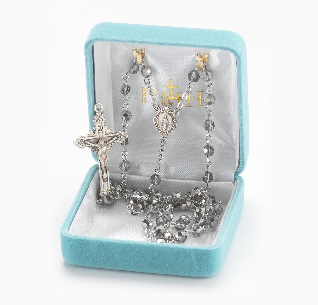 Round Metallic Silver Bead Rosary Sterling Crucifix and Centerpiece