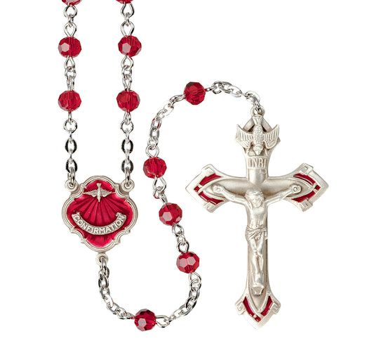 Ruby Round Bead Confirmation Rosary Sterling Crucifix and Centerpiece