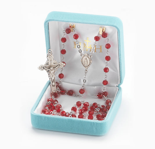 Round Ruby Bead Rosary Sterling Crucifix and Centerpiece